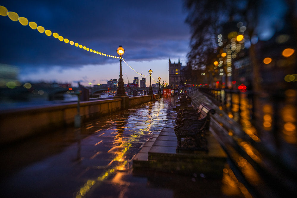 wet city walkway path sidewalk along a river with streetlights blue hour bokeh selective focus Jim Nix Trio 28